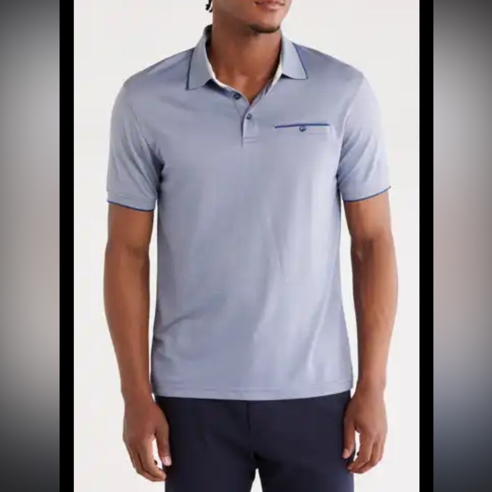 Ted Baker London Polo Shirt Size 7 (XL) Blue Textured Knit Patterned Collar
